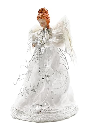 Vickerman Ice Palace Lighted White and Silver Angel Christmas Tree Topper with Clear Lights, 12"