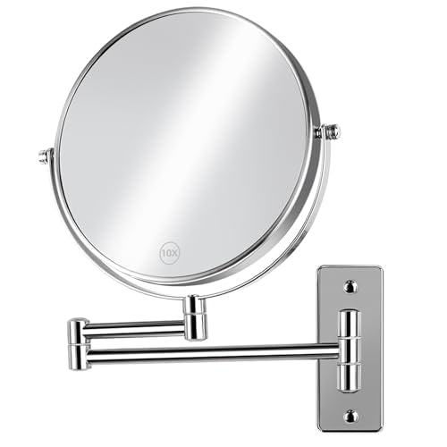 8 inch Wall Mounted Makeup Mirror, 1X/10X Magnifying Double-Sided Wall Mount Shaving Mirror (Close-Up 10X) with Extendable Arm, 360° Swivel for Bathroom Vanity, Chrome (No Light)