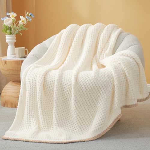 Snuggle Sac Ultra Soft Waffle Throw Blanket for Couch Bed Sofa 50x60 inches, Reversible Cream Blanket Microfiber Fluffy Fuzzy Cozy Knit Throws for Women Mothers Birthday Gifts