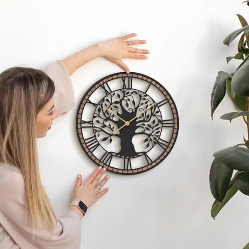 Micasso Wall Clocks Battery Operated: 15 Inch Farmhouse Tree of Life Metal with Wood Frame - Rustic Roman Numerals Clock for Living Room/Home Office/Bedroom/Kitchen - Home Decor for Sofa Accent Wall