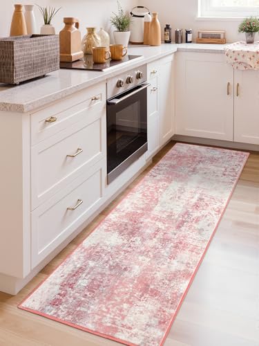 Macgace Washable Abstract Runner Rug, 2x6 Modern Area Rugs with Non-Slip Rubber Backed for Kitchen, Thin but Soft Contemporary Carpet Bedroom Entryway Hallway Decor, Pink
