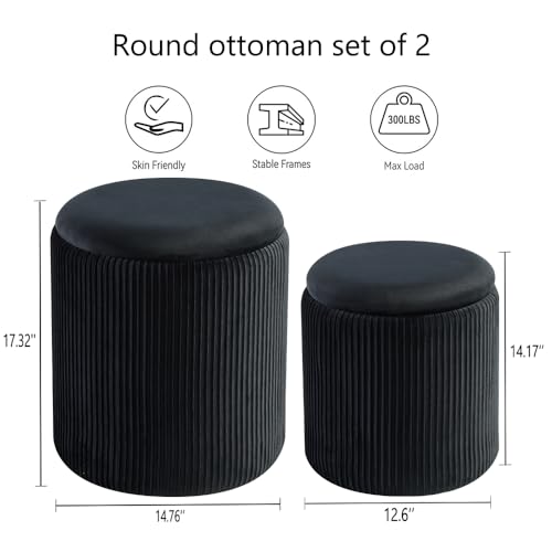 Round Storage Ottoman, Set of 2, Velvet Vanity Stool, Black