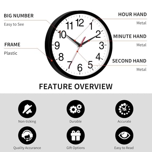 Rohioue Wall Clock Modern 8 Inch Battery Operated Silent Non Ticking Small Analog Clock for Living Room Office Home Bedroom Kitchen Bathroom(Black)