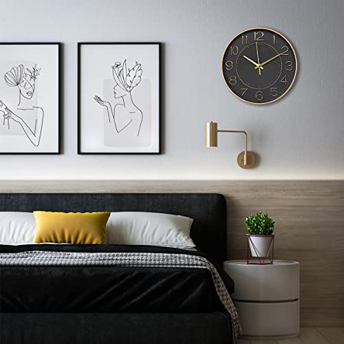 HZDHCLH Modern Wall Clocks Battery Operated,10 inch Black and Gold Clock for Wall,Silent Small Wall Clock for Living Room Bedroom Kitchen Office Nursery Decor