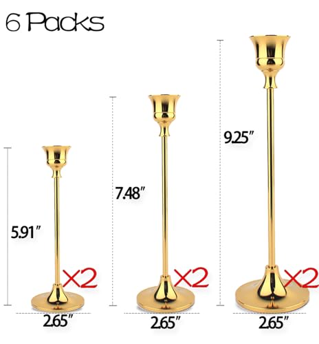 Taper Candle Holder Set of 6, Brass Gold Tall Candlestick Holders
