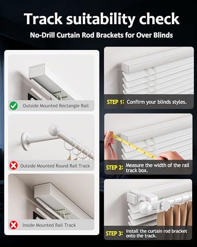 Mimiio No Drill Curtain Rod Brackets for Outside-Mount Blinds, Tool-Free Over-Blind Curtain Rod Holders, Fits 1-2" Rectangular Headrails, No Wall Damage, Renter Friendly Window Hardware, 4 Pack, White