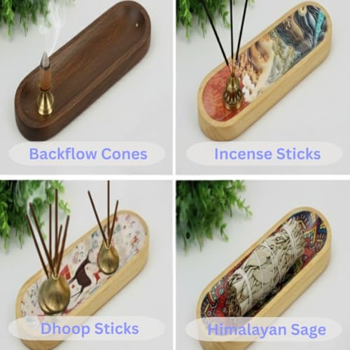 Bless-International Traditional-Handmade-Tray-Burner Wooden-Trat-Incense-Stick-Holder Ash-Catcher-Stand for-Aromatherapy-Meditation-Yoga (11x4x1.22 Inches)