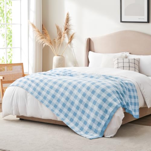 Snuggle Sac Buffalo Plaid Bedding Blanket Twin Size, Super Soft, Cozy Warm Knit Decorative Blankets, Reversible Plaid Fluffy Throws for Bed, Plaid Light Blue, 60x80 Inches
