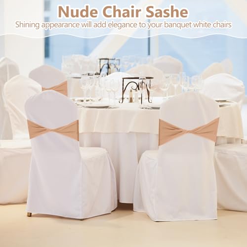 Kinlop 50 Pcs Spandex Chair Sashes Bows Chair Bands Slider Sashes for Covers Elastic Bands Ties Without Buckle Decorations for Wedding Party Events Ceremony Birthday(Nude)