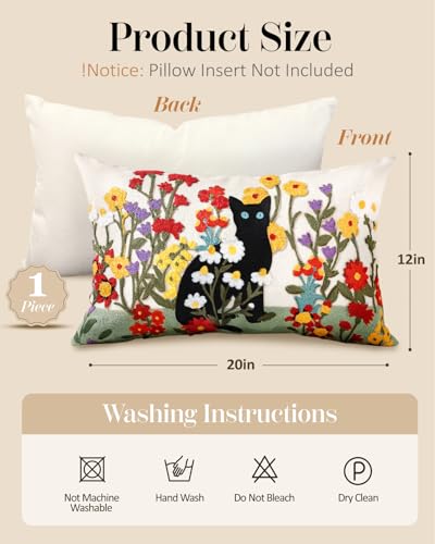 Embroidered Throw Pillow Cover, 20x12 Inch, Black Cat Floral