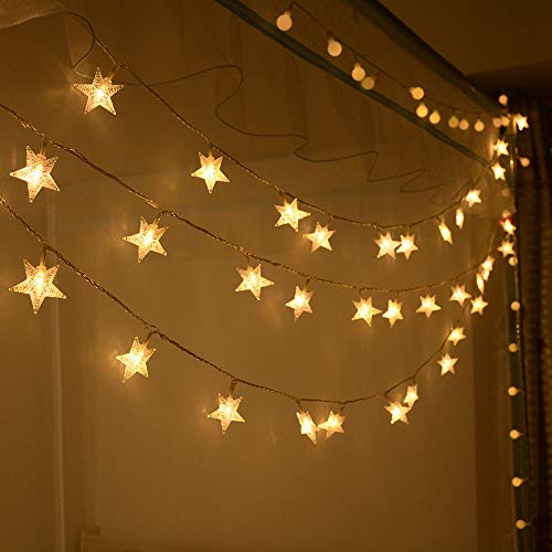Warm White 50 Led Star Fairy Lights with Remote Control, Battery Powered Five-Pointed Star String Lights
