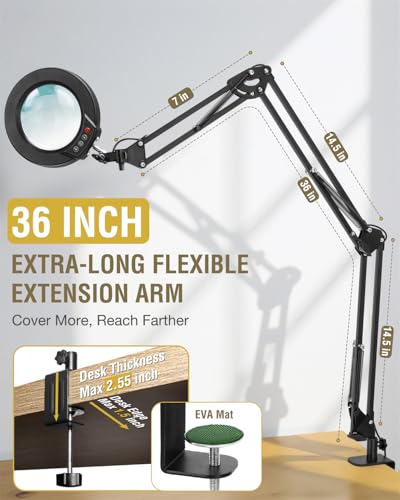 12X Magnifying Glass with Light and Clamp, Ultra Long 3 Section Swing Arm LED Desk Lamp, Real Glass Lens, 5 Color Modes Dimmable, Hands Free Lighted Magnifier with Stand for Repair Craft Close Work