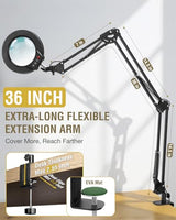 12X Magnifying Glass with Light and Clamp, Ultra Long 3 Section Swing Arm LED Desk Lamp, Real Glass Lens, 5 Color Modes Dimmable, Hands Free Lighted Magnifier with Stand for Repair Craft Close Work