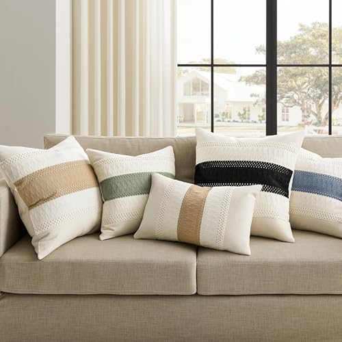 ZeeMart 2 Packs Cotton Boho Throw Pillow Covers 18x18 Inch Contrast Green, Soft Farmhouse Decorative Couch Pillow Cases Sage Green Cushion Covers for Sofa Bed Living Room Home Decor