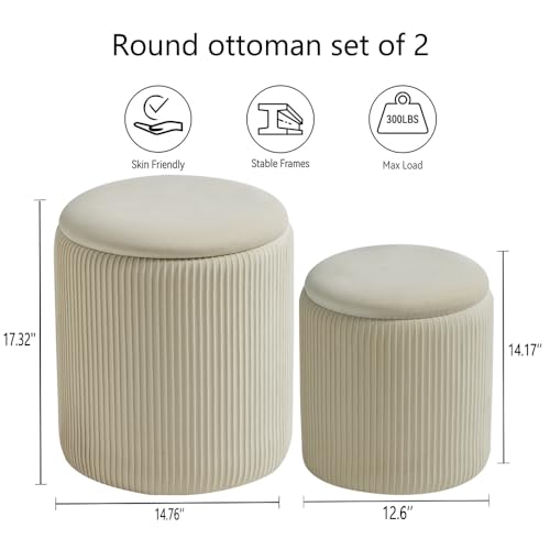 Round Ottoman with Storage Set of 2-White Velvet Vanity Stool