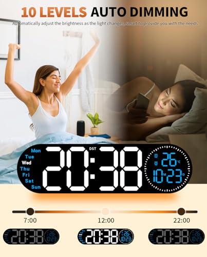 17.2 Inch Large Digital Wall Clock with 9 Color Changing Remote Control, Date Week Temperature, Auto Brightness Dimmer Big Clock Night Lights,Blue