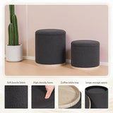 Round Storage Ottoman Set of 2, Dark Grey Boucle Stools with Tray