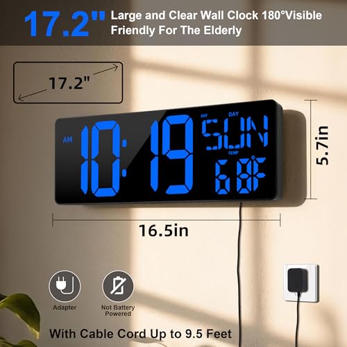 CYMHCHL 17.2" Large Digital Wall Clock Large Display with Remote Control | Timer with Temperature Date Week Auto DST Adjustable Brightness, for Living Room Classroom Garage Gym Gift for Senior Mom Dad