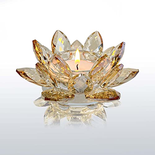 Crystal Lotus Flower Tealight Candle Holders/Glass Tea Light Candlestick Decor Decoration for Christmas Home Wedding Party… (Gold 1pc)