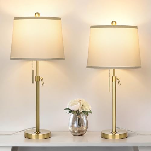 2 Pack 22"-30" Adjustable Height Table Lamps Set, Modern Gold Table Lamps with White Shade 3 Colour Temperature Pull Chain Tall Lamps for Living Room Bedroom Bedside End Table Nightstand