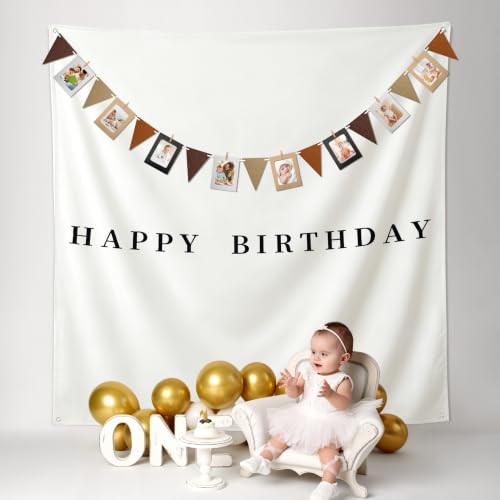 59x59 Inch Happy Birthday Tapestry Boho Minimalist Wall Banner with 10 Photo Frames White Fabric Wall Flag Indoor Outdoor Yard Birthday Party Decor