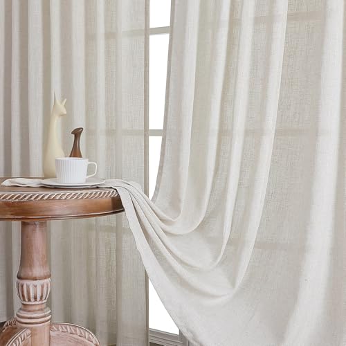 CUCRAF Natural Off White Linen Non See Through Semi Sheer Privacy Curtains 84 Inches, Light Filtering Curtain for Bedroom Living Room, 2 Panels Set Rod Pocket & Back Tab Window Drapes (52 x 84 Inch)