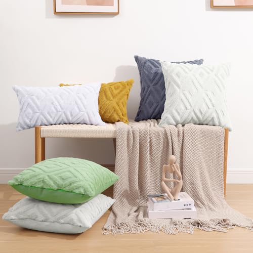 Pallene Summer Cream White Throw Pillow Covers 18x18 Set of 2, Soft Plush Faux Fur Decorative Couch Pillow Covers for Sofa Bed Living Room Pillow Cases with 3D Diamond Pattern