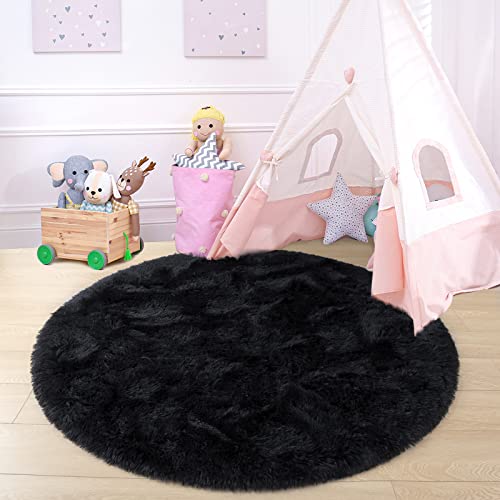 junovo Round Rug 6x6 Feet Fluffy Soft Area Rugs for Kids Girls Room Princess Castle Plush Shaggy Carpet Cute Circle Nursery Rug for Kids Teen's Bedroom Home Decor Large Circular Carpet, Black