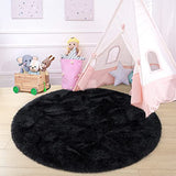 junovo Round Rug 6x6 Feet Fluffy Soft Area Rugs for Kids Girls Room Princess Castle Plush Shaggy Carpet Cute Circle Nursery Rug for Kids Teen's Bedroom Home Decor Large Circular Carpet, Black