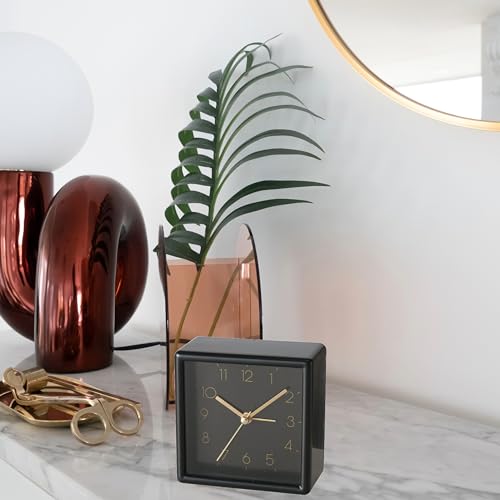 WHW Whole House Worlds Mid-Century Modern Alarm Clock | Quartz Movement, Black, Gold Accents, Square, 1 AA Battery (Not Included) 3.75"