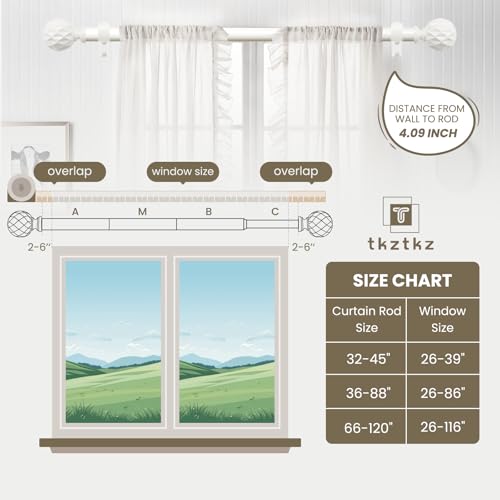 TKZTKZ White Curtain Rods for Windows 36 to 88:Boho Wooden Curtain Rod for Bedroom Livingroom Farmhouse 1 Inch Heavy Duty Adjustable Curtain Rod with Imitation Wood Grain Easy Install,Antique White