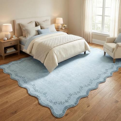 GarveeHome 5x7 Scalloped Area Rug Blue Washable Bedroom Living Room Rug