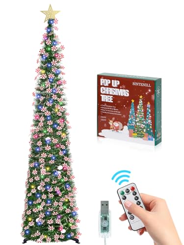 6 FT Pop Up Christmas Tree with 100 LED Timer Lights & Remote, Green Collapsible Christmas Tinsel Tree Artificial Pencil Tree Xmas Decoration for Holiday Home Office Party, USB Powered