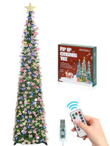 6 FT Pop Up Christmas Tree with 100 LED Timer Lights & Remote, Green Collapsible Christmas Tinsel Tree Artificial Pencil Tree Xmas Decoration for Holiday Home Office Party, USB Powered