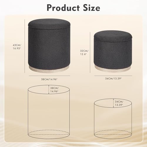 Round Storage Ottoman Set of 2, Dark Grey Boucle Stools with Tray