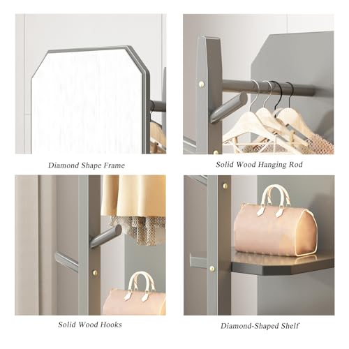 Floor-Standing Solid Wood Rotating Coat Rack，360° Rotating Full Length Mirror with Coat Rack and Hanging Hooks 2 in 1 Freestanding Floor Mirror and Clothes Hanger for Living Room Bedroom and