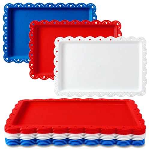 AnyDesign 12Pcs Patriotic Plastic Serving Tray Red Blue White Rectangle Serving Dish 4th of July Dessert Display Tray Platter with Wavy Edge for Independence Day 250th Anniversary Table Decor