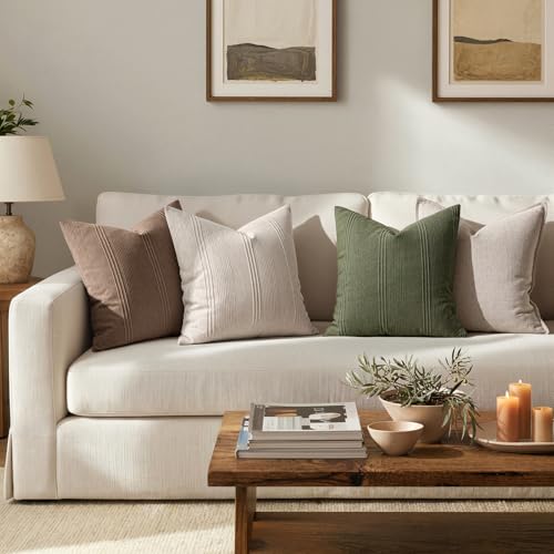 MIULEE Decorative Striped Throw Pillow Covers 18x18 in Natural Linen 2 Pack