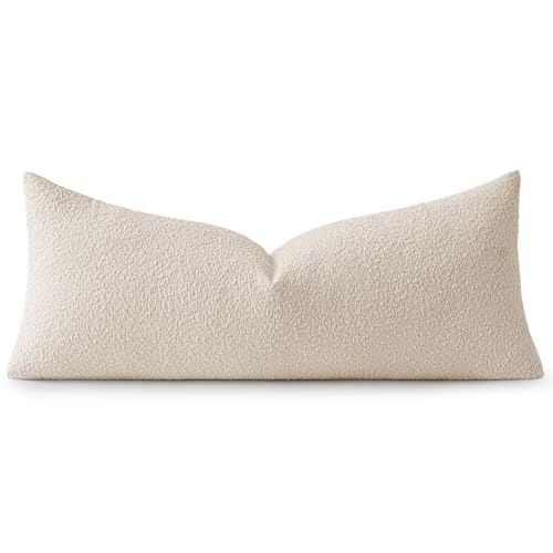 MIULEE Textured Boucle Throw Pillow Cover Beige Accent Solid Lumbar Pillow Case Decorative Soft Pack of 1 Couch Cushion Chair Sofa Bedroom Livingroom Home Decor,36x14 Inch