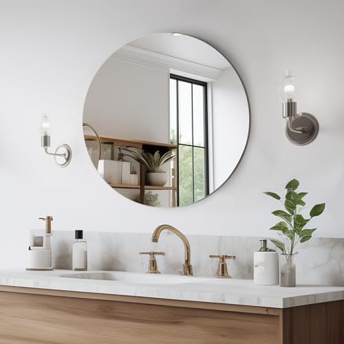 20'' Glass Round Mirror for Wall Decor, Wall Mounted Circle Mirror with Adhesive Tapes for Bathroom, Living Room, Vanity, Bedroom, Entryway, Over Sink, Hallway, Home Decor
