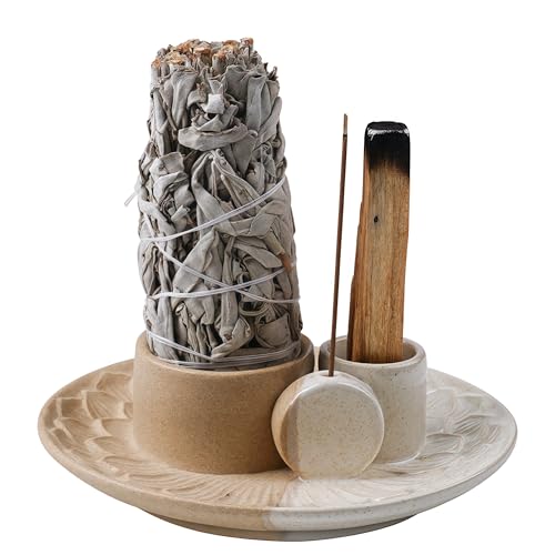 4 in 1 Incense Holder, Ceramic Incense Stick and Palo Santo Holder,Sage Holder for Burning- 5.5" Ceramic Ash Catcher Tray for Meditation and Yoga Room (Sand)