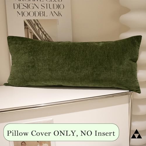 JoraLion Chenille Lumbar Pillow Covers 14x36 inch, Moss Green Spring Decorative Pillow Covers, Farmhouse Solid Dyed Soft Chenille Cushion Case for Couch Sofa Bed Living Room, Pack of 1(Cover ONLY)