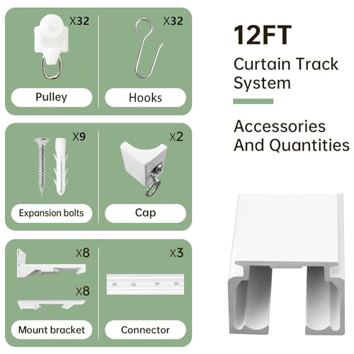 MaKefeile Ceiling Curtain Tracks 12FT,Curtain Track Wall Mount,Ceiling Mounted Sliding Door Curtains Rails Outdoor Extra Long Curtains Rod Room Divider Track for Living Bedroom with Hooks,White