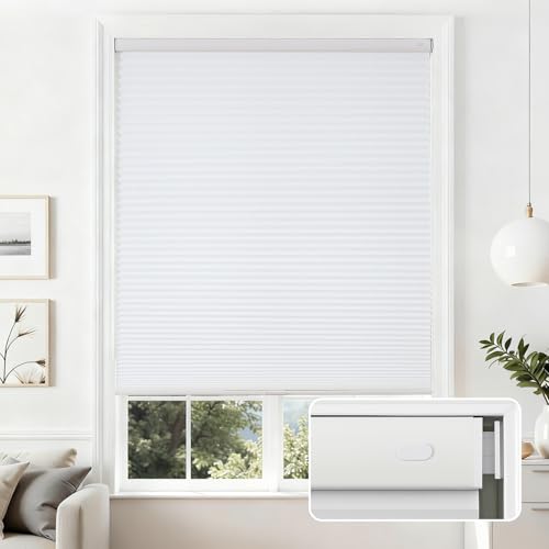 Joydeco No Tools No Drill Cordless Cellular Shades, Light Filtering Honeycomb Blinds for Indoor Windows, Thermal Insulating & Noise Reducing (White, 35" W x 64" H)