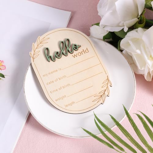 Baby Announcement Sign, 5.91x4.13 Inch Wooden Hello World Baby Name Sign Newborn Announcement Sign Birth Announcement Plaque for Home Hospital Nursery