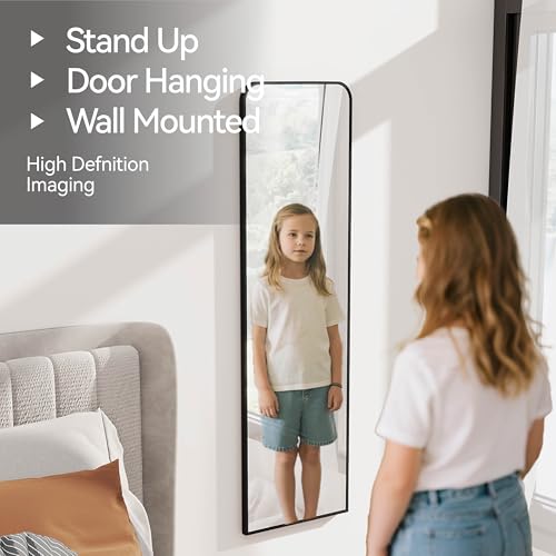 47x14 inch Full Length Mirror Over the Door Hang or Wall Mounted Black | Aluminum Alloy Frame,HD Glass, Full Body Make-Up Mirrors for Bedroom, Bathroom,Entryway,Dressing Living Room
