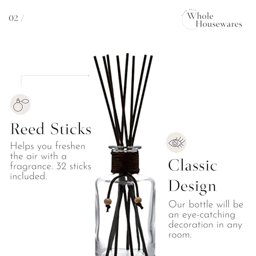 WHOLE HOUSEWARES Set of 4 Diffuser Bottles with Sticks - 7.5oz Empty Glass Diffuser Bottle for Essential Oils - Oil Diffusers Container with 32pcs Reed Sticks for Aromatherapy and Home Fragrance