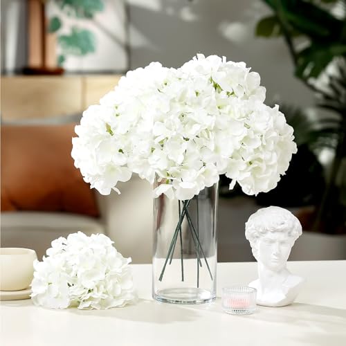 Auihiay 10PCS Hydrangea Artificial Flowers, Faux White Flowers for Wedding Centerpieces, DIY Bouquets, Bridal Shower, Floral Decor Home Decoration with Stems (VASE NOT Included)
