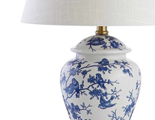 JONATHAN Y 22" Blue/White Ceramic Table Lamp, French Country Chinoiserie Ginger Jar LED Bedside Lamp for Living Room Bedroom, White Linen Shade, JYL3005A