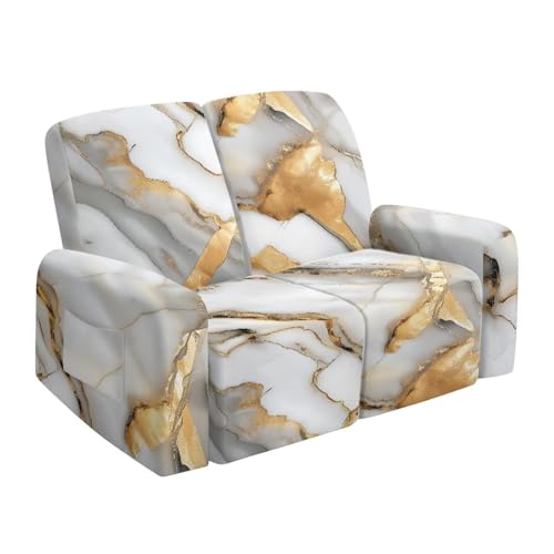Reclining Loveseat Slipcover, White Gold Marble Crack Abstract Print 6-Piece Stretch Lazy Boy Sofa Covers, 2 Seat Loveseat Recliner Cover Thick Soft Washable